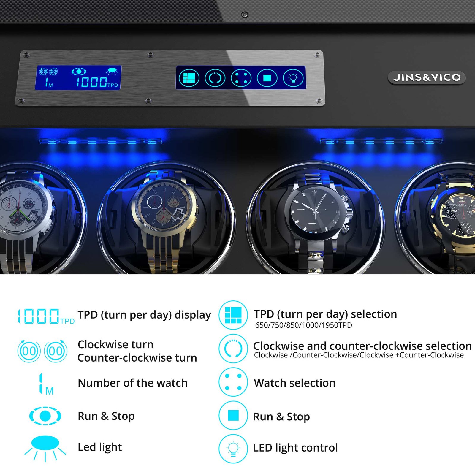 8+6 Uhrenbeweger für Automatikuhren mit Gehäuse aus Kohlefaser, hochglänzendem Klavierlack und integrierter Beleuchtung – Bild 6