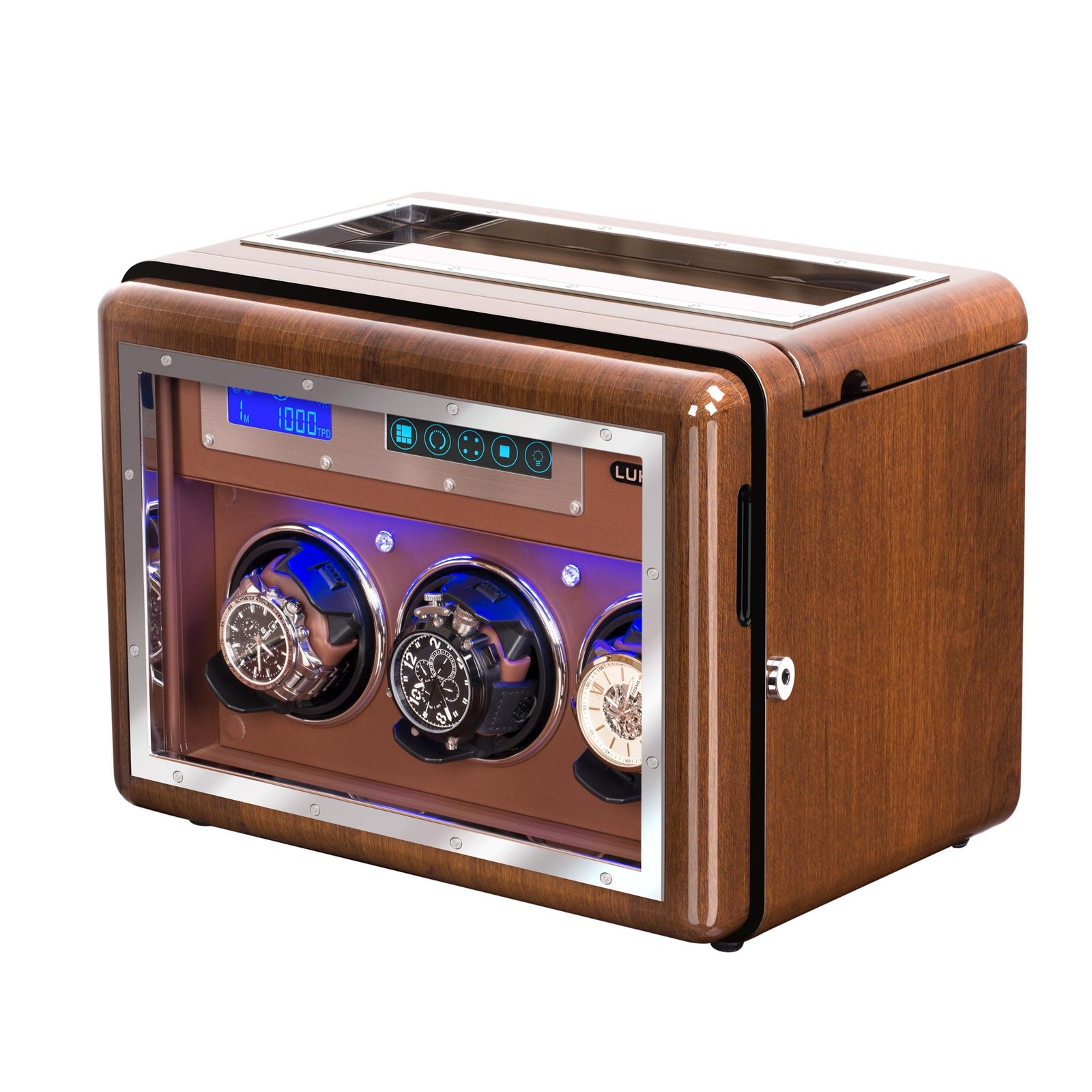 Walnut 3 Watch Winder with 4 Storage Slots – view 2