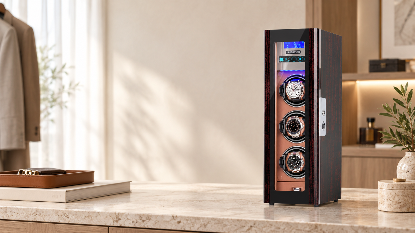 Vertical watch winder with fingerprint lock in a living room