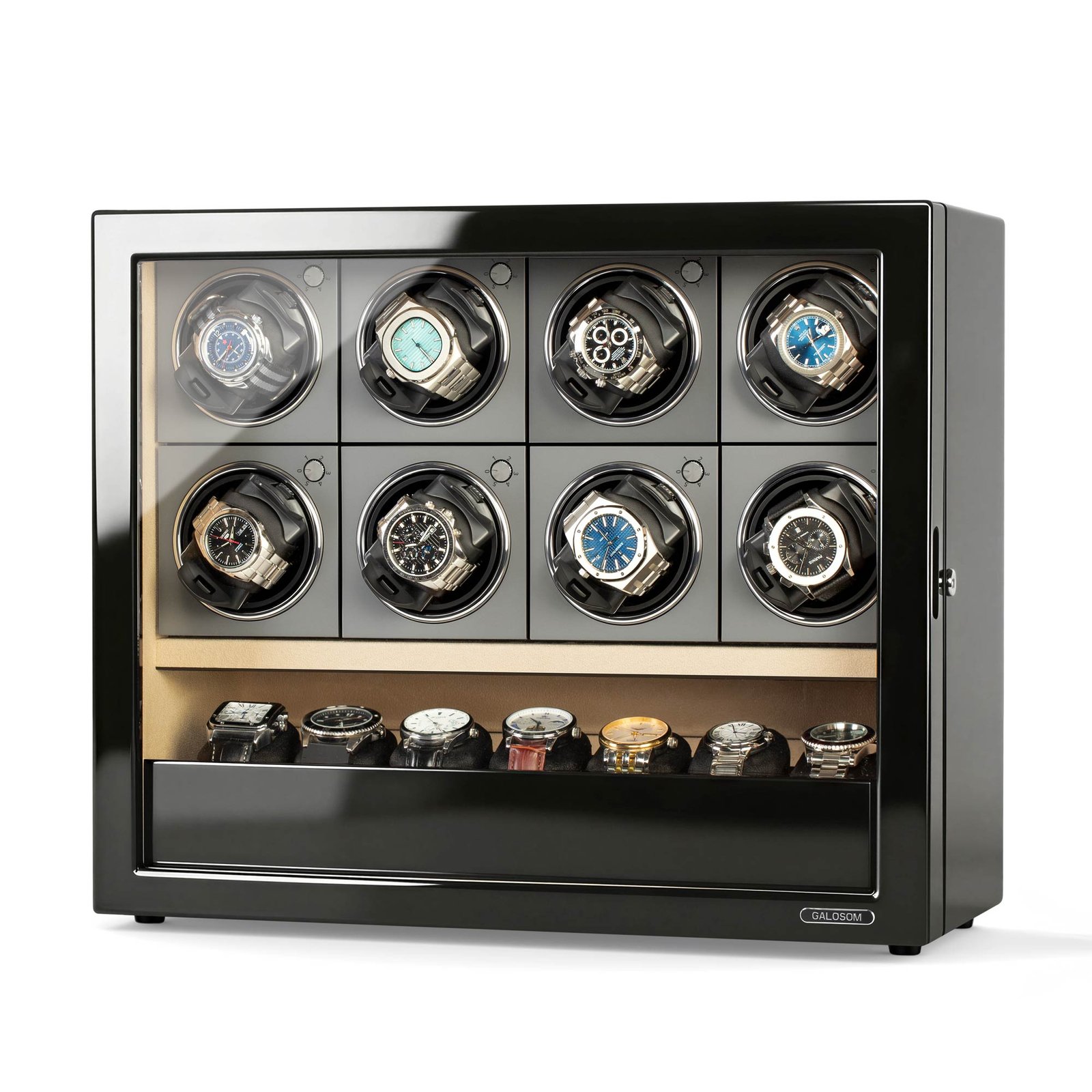GALOSOM 8 watch winder with 7 watch storage slots, featuring a glossy black cabinet, closed glass display door and eight individual winding modules.