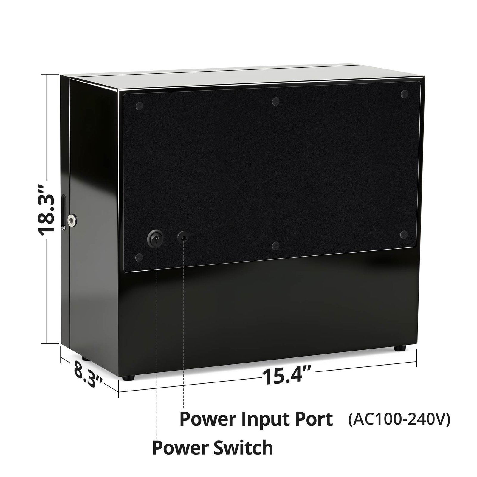 Rear view of GALOSOM 8+7 watch winder showing dimensions of 15.4 × 18.3 × 8.3 inches, power switch and power input port.