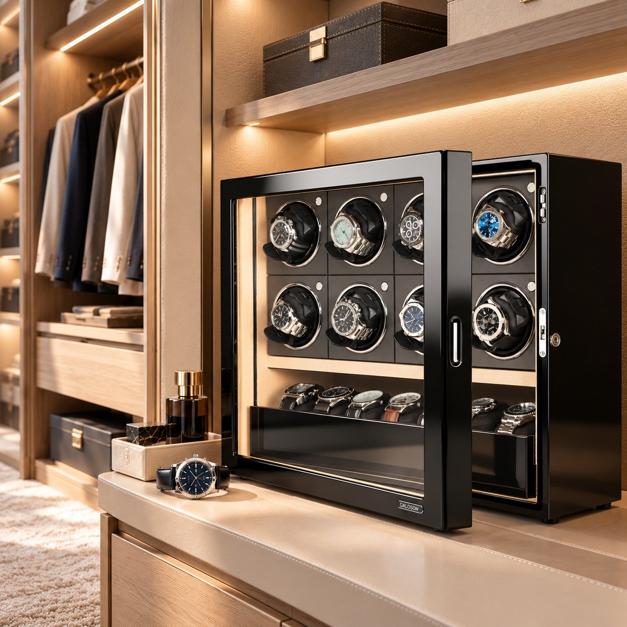 GALOSOM 8+7 watch winder with an open glass door, displayed in a luxury walk-in closet with beige leather cabinetry, warm wood finishes and a wristwatch on the countertop.