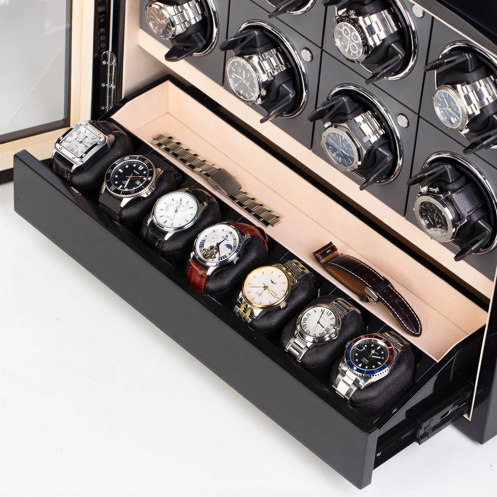 Close-up of the GALOSOM 8+7 watch winder with its pull-out drawer open, displaying seven watches on individual cushions and additional watch straps.