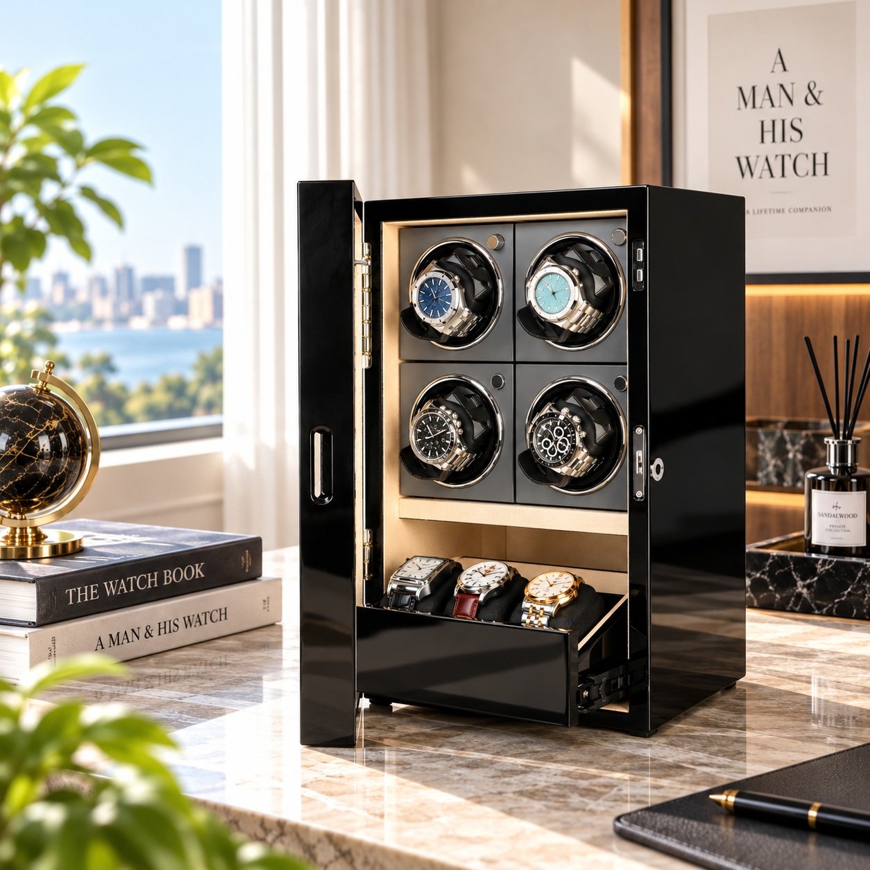 GALOSOM 4+3 luxury watch winder with four automatic winding positions and a three-watch storage drawer, displayed in an elegant home office