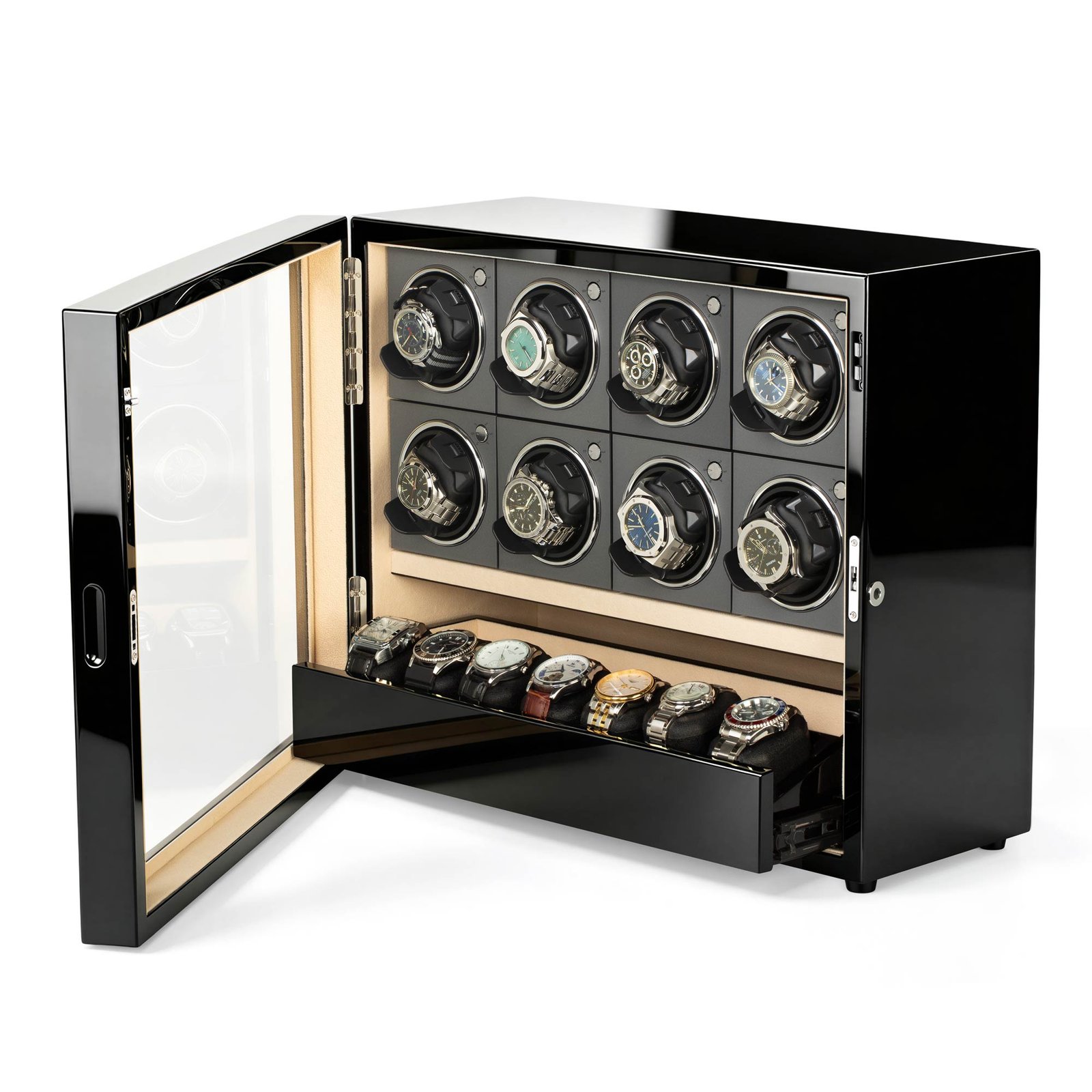 GALOSOM 8 watch winder with 7 watch storage slots, featuring an open glass door, eight individual winding modules and a pull-out watch storage drawer.