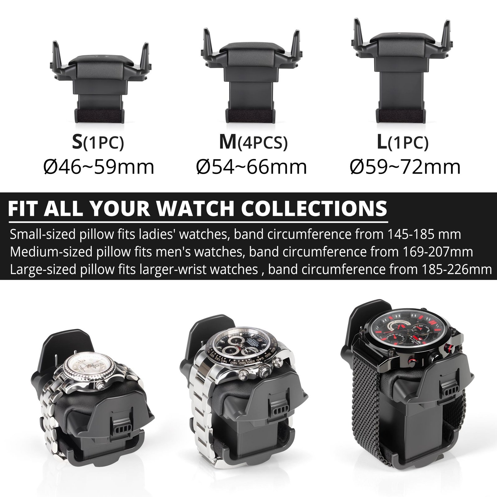 GALOSOM coussinets réglables pour montres, disponibles en petites, moyennes et grandes tailles, adaptés aux tours de bracelet de 145 à 226 mm et aux montres mesurant jusqu’à 66 mm couronne comprise