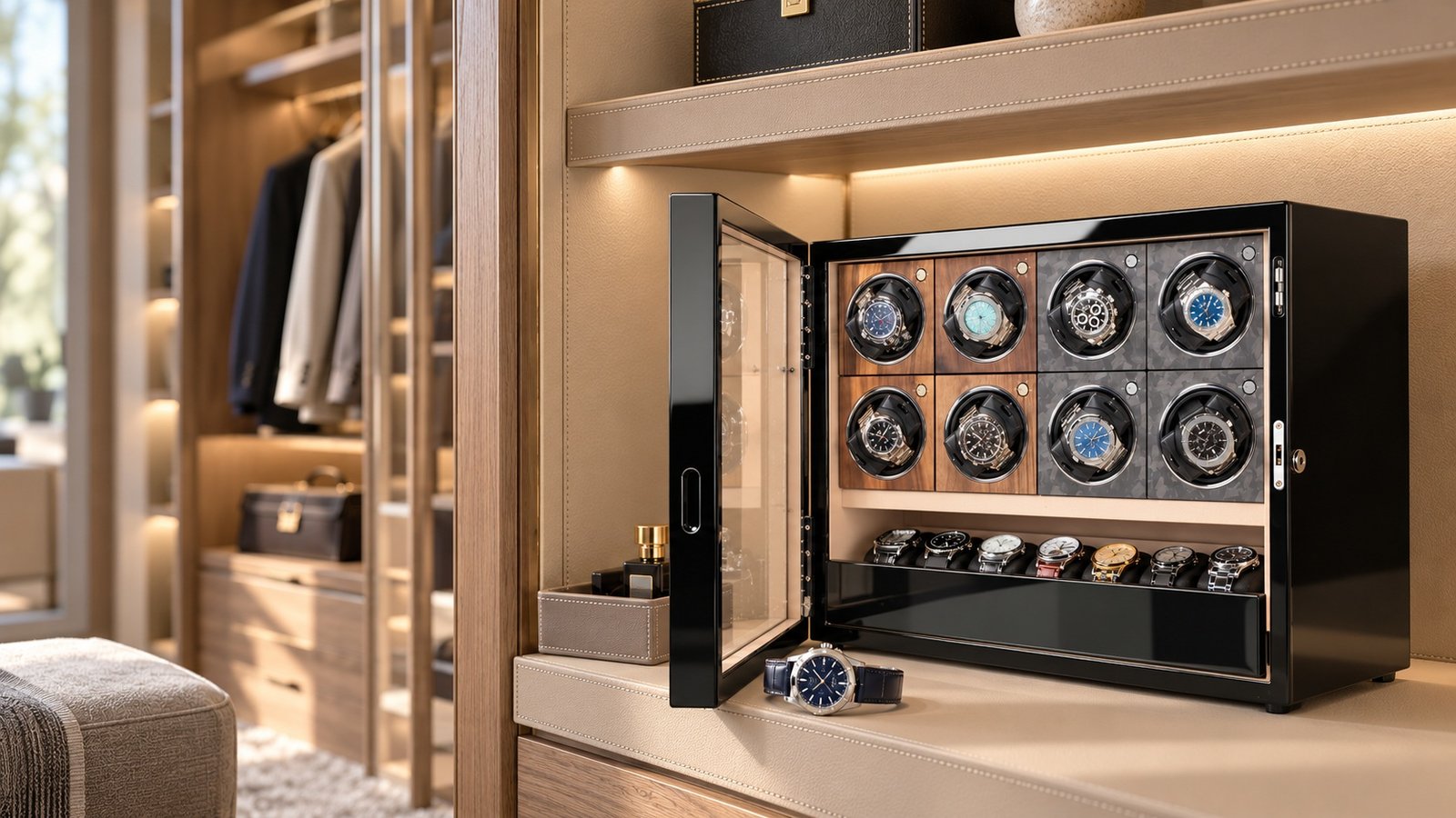 GALOSOM 8+7 automatic watch winder with a partially open glass door on a beige countertop in a luxury walk-in closet with light wood cabinetry and warm lighting.