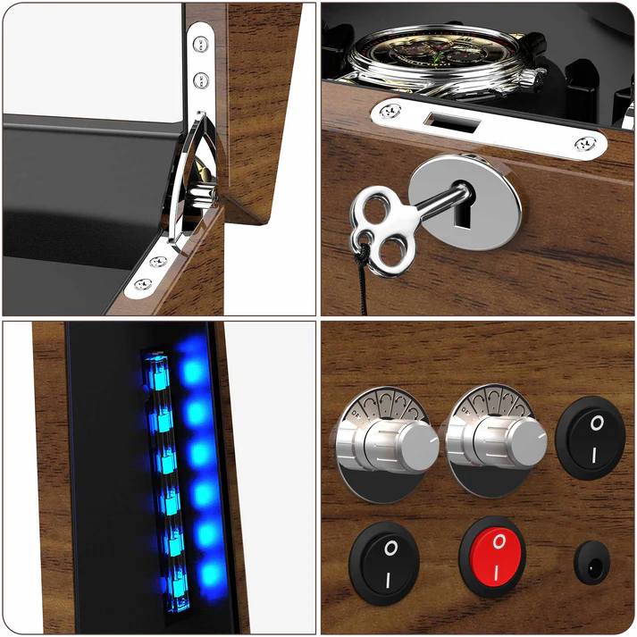6 Watch Winder Box, Wood Grain & Blue LED – view 3