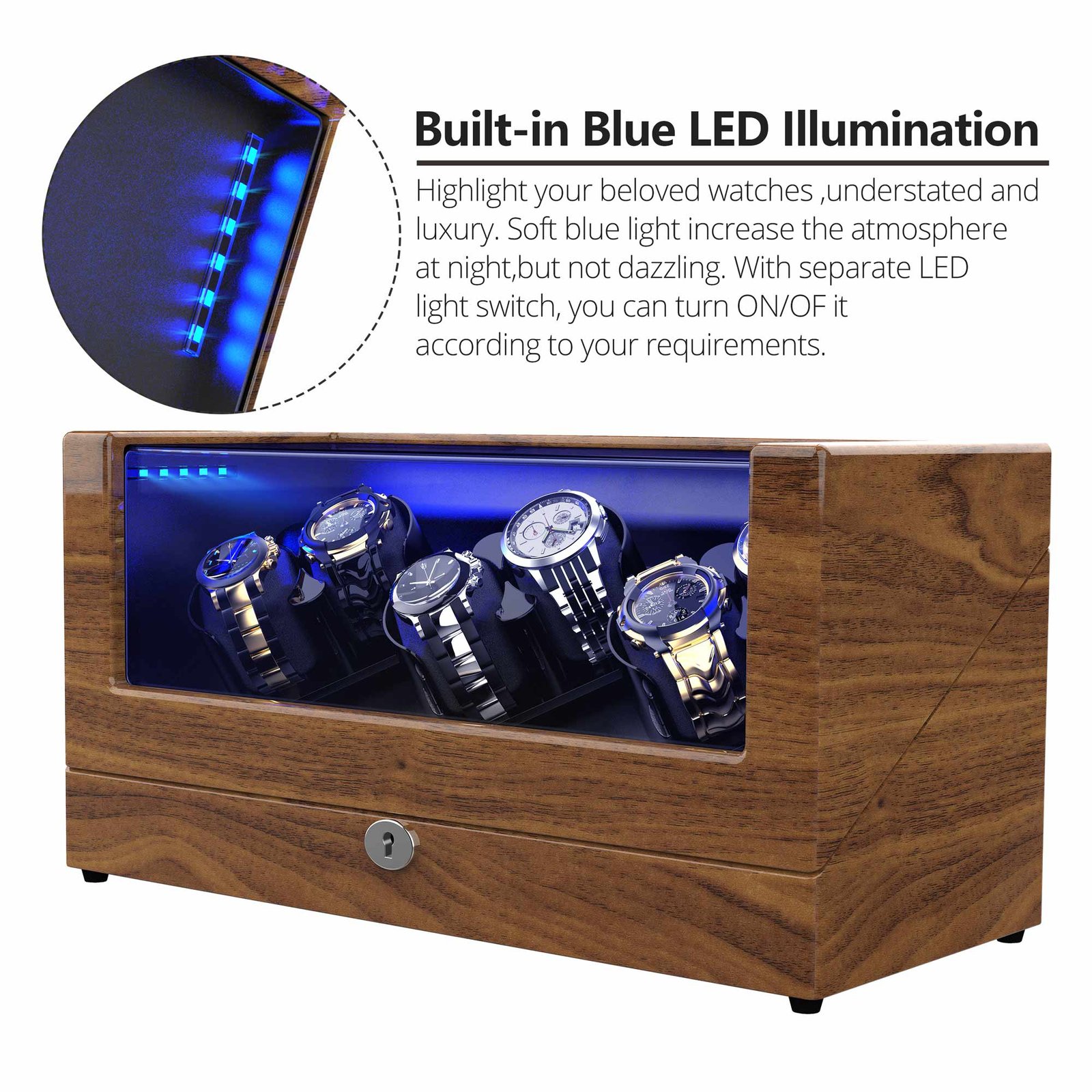 6 Watch Winder Box, Wood Grain & Blue LED – view 5