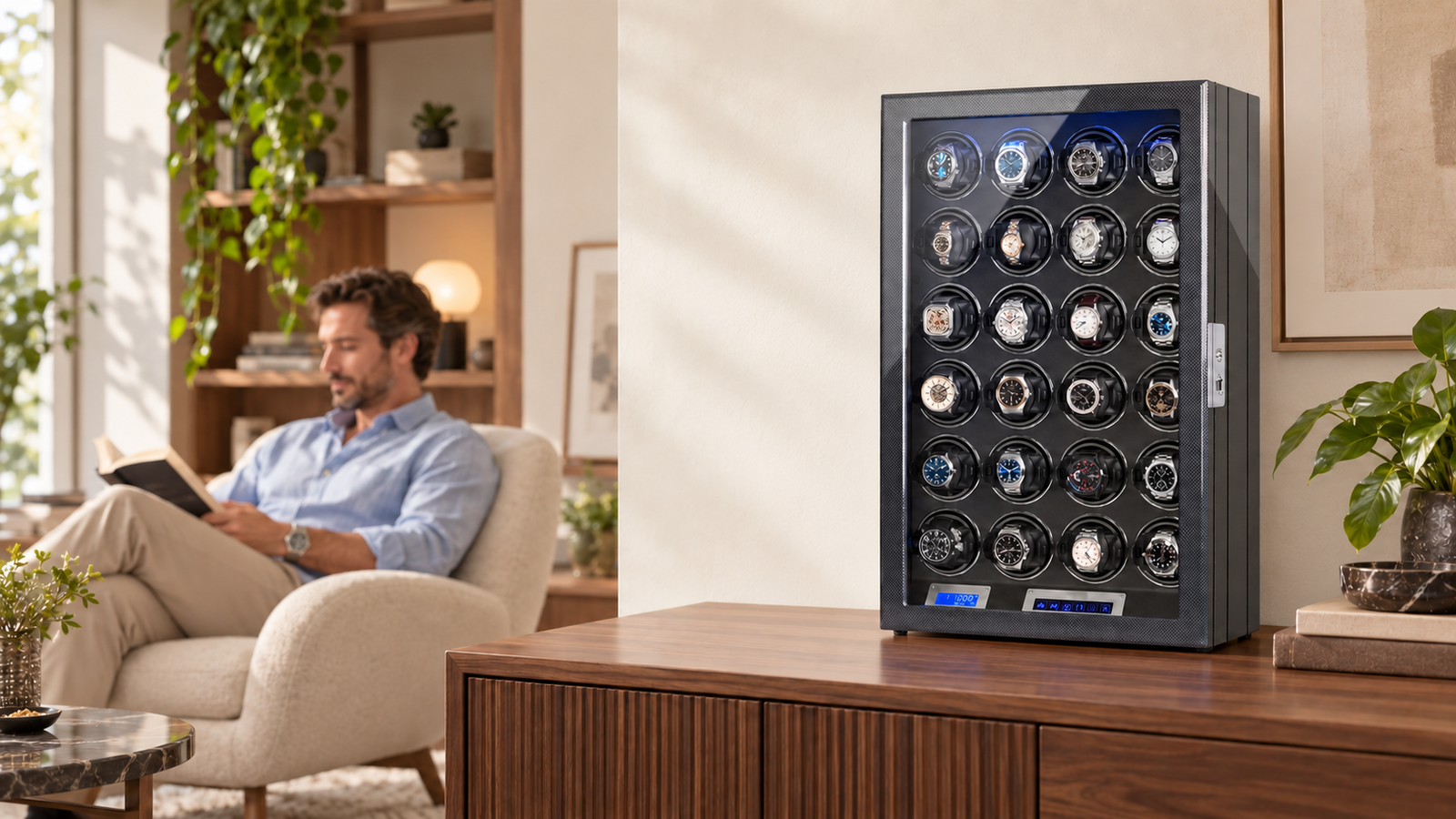 24 watch winder with fingerprint lock displaying a watch collection