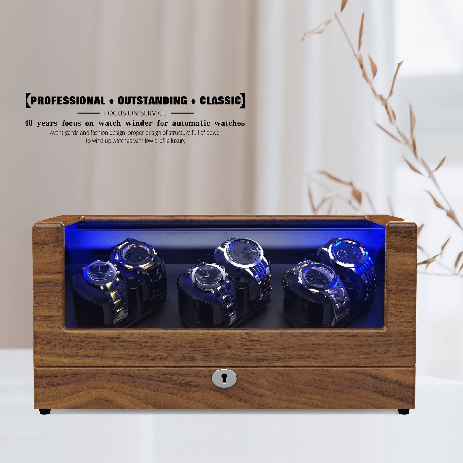 6 Watch Winder Box, Wood Grain & Blue LED – view 2