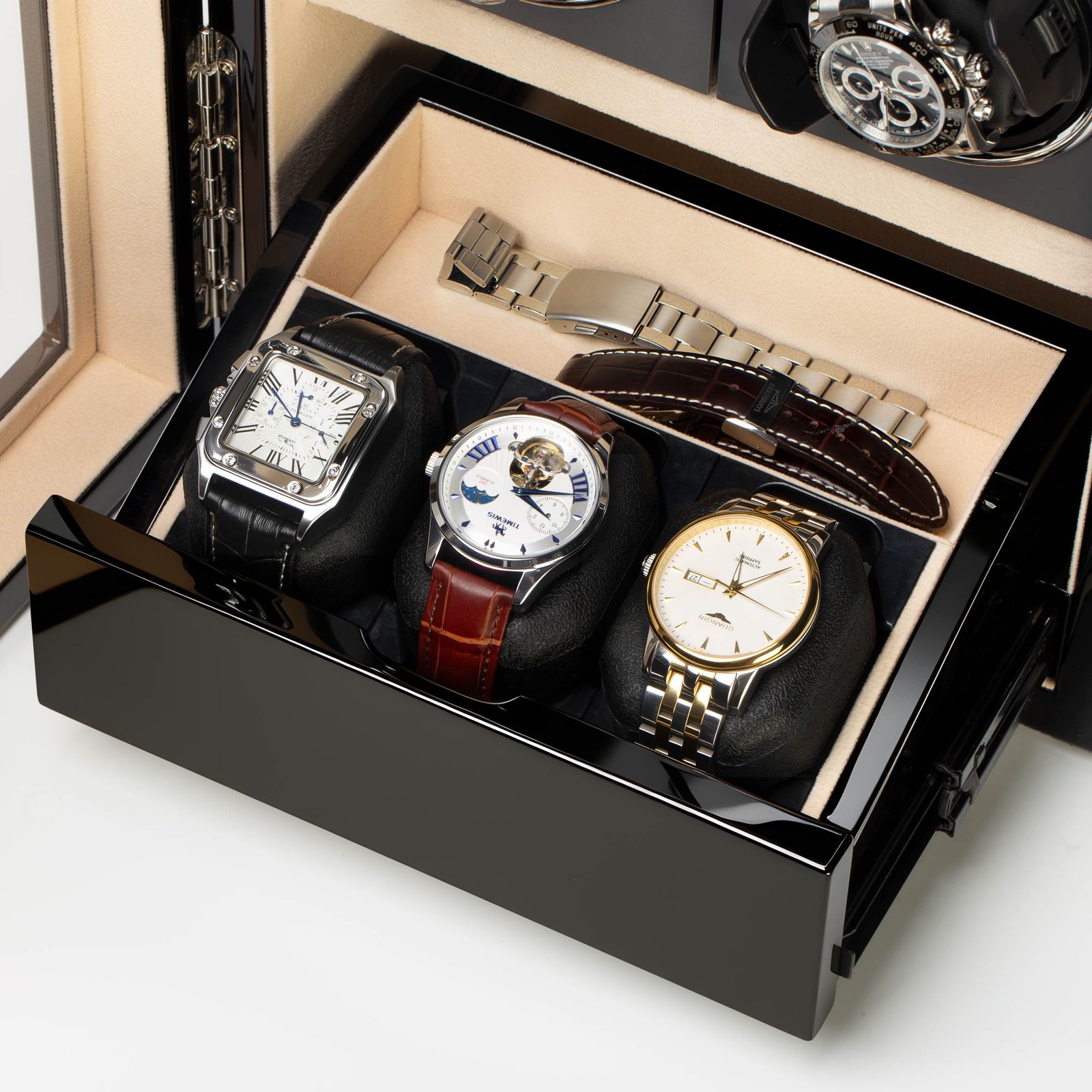 GALOSOM watch winder storage drawer with three watches, memory foam pillows and separate compartment for straps and accessories