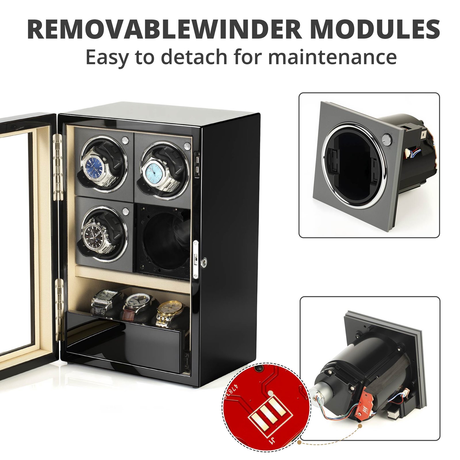 GALOSOM 4+3 watch winder showing removable winding module, independent motor assembly and electrical contact connection