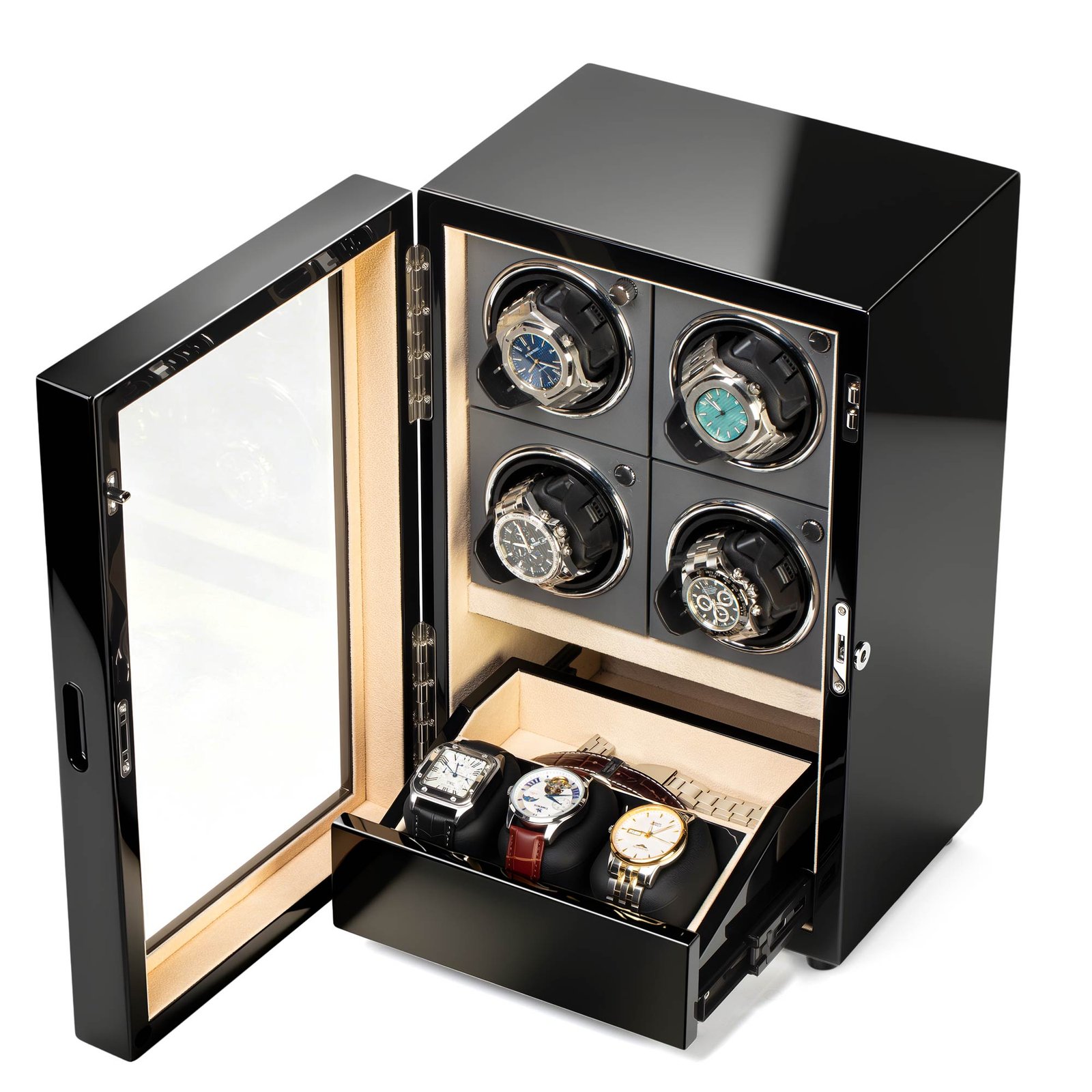 GALOSOM 4+3 watch winder with glass door open, displaying four automatic watches and integrated storage drawer