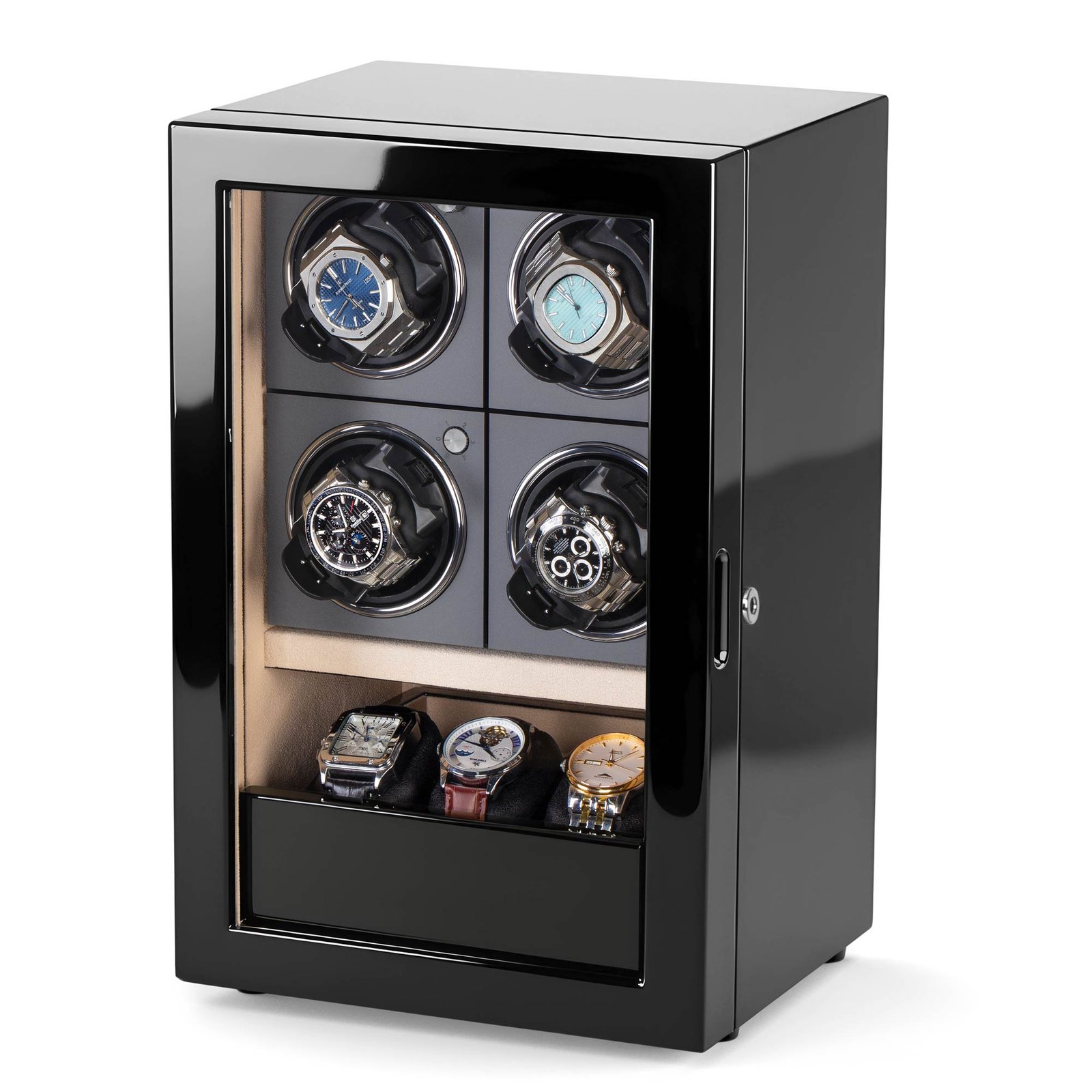 GALOSOM 4+3 automatic watch winder with four winding modules and three-watch storage drawer, shown with cabinet door closed