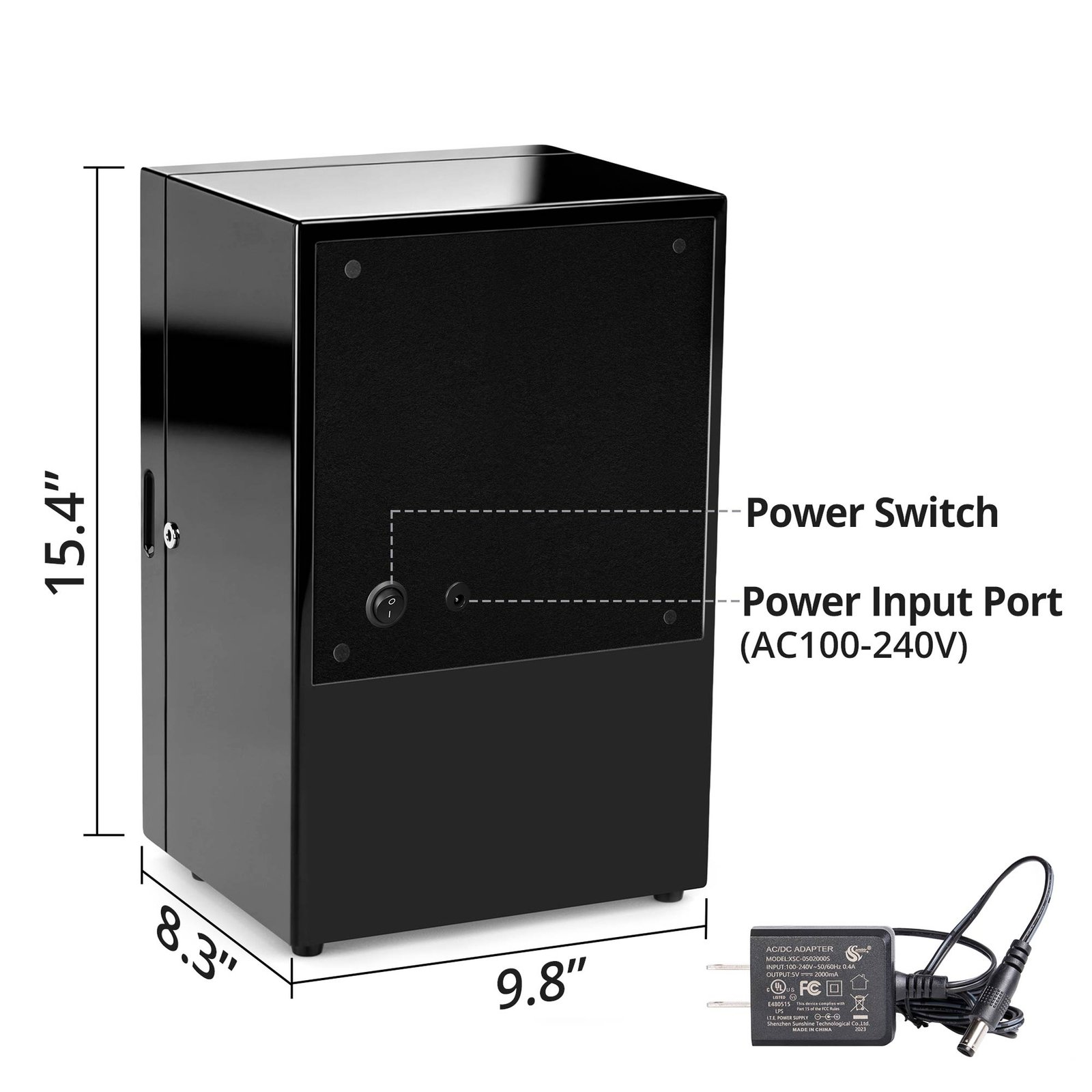 Rear view of GALOSOM 4+3 watch winder showing 15.4-inch height, 9.8-inch width, 8.3-inch depth, power switch and power input port