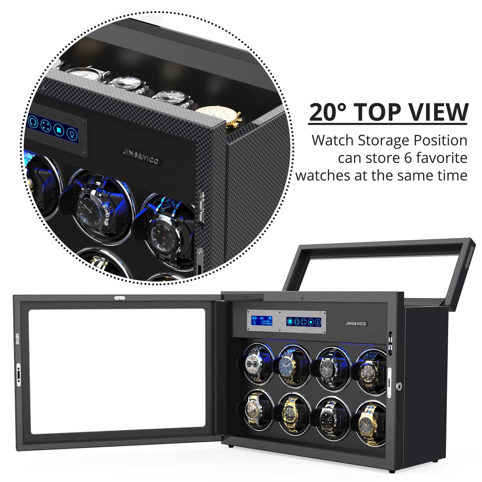 8+6 Watch Winder, Carbon Fiber & LED Light – view 5