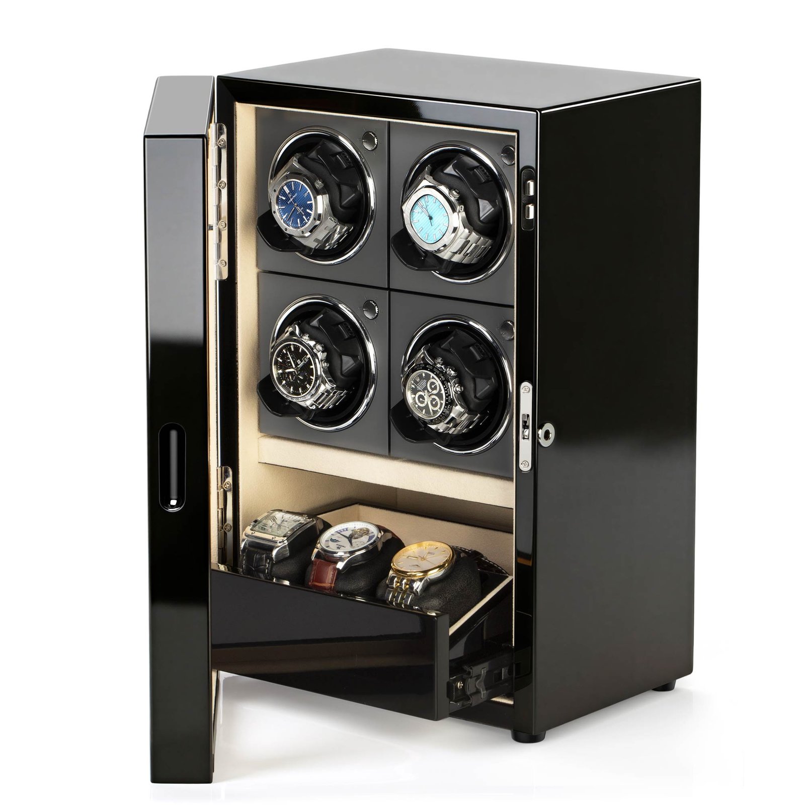 GALOSOM 4+3 luxury automatic watch winder with four watches, glass display door and black piano lacquer cabinet
