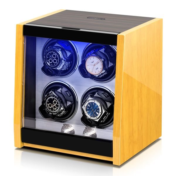 Luxury 4 Watch Positions Automatic Watch Winder, High Gloss Bamboo Pattern Finish Watch Shaker, Internal LED Illumination, Retractable Watch Cushions, 4 Working Modes, AC Adapter Included