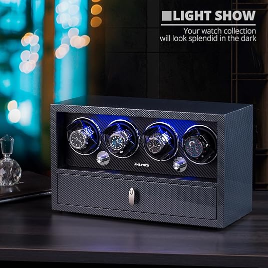 JINSVICO Automatic Watch Winder with LCD Touchscreen Control, Piano Finish Carbon Fiber Exterior