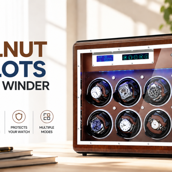 LUKDOF Walnut Watch Winder for 8 Automatic Watches Winding & 6 Storage Slots