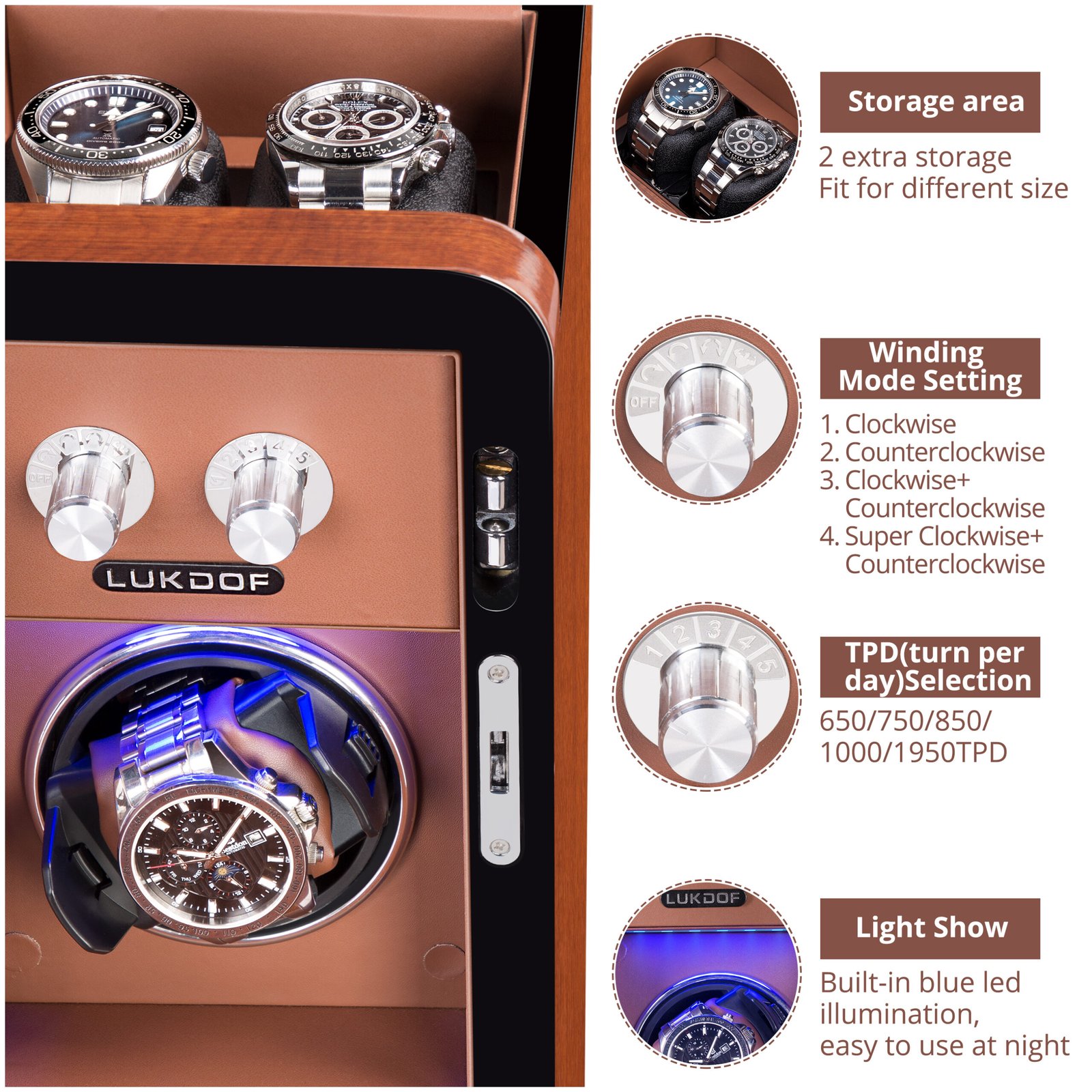 LUKDOF Automatic Watch Winder with Quiet Running Motor, High-Gloss Piano Lacquer, Walnut - Image 6