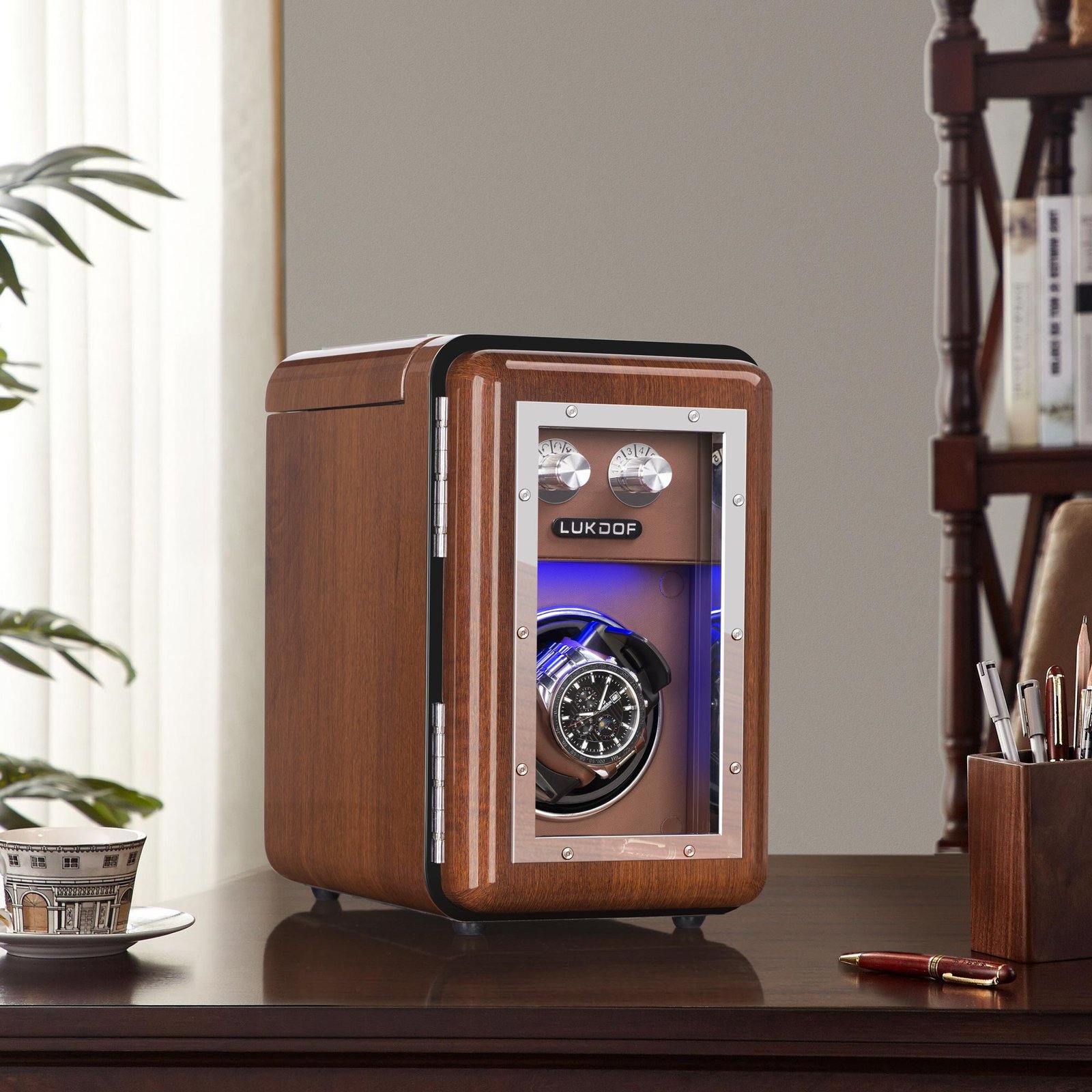 LUKDOF Automatic Watch Winder with Quiet Running Motor, High-Gloss Piano Lacquer, Walnut - Image 2