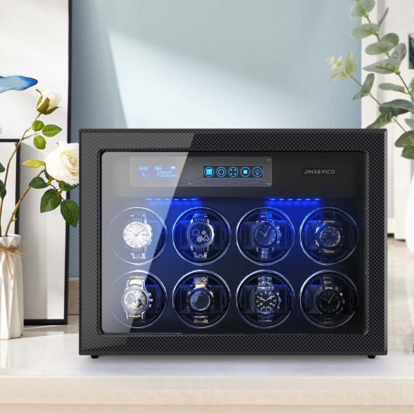 JINS&VICO 8+6 Watch Winder for Automatic Watches, Carbon Fibre Shell with High-Gloss Lacquer, Built-in Illumination