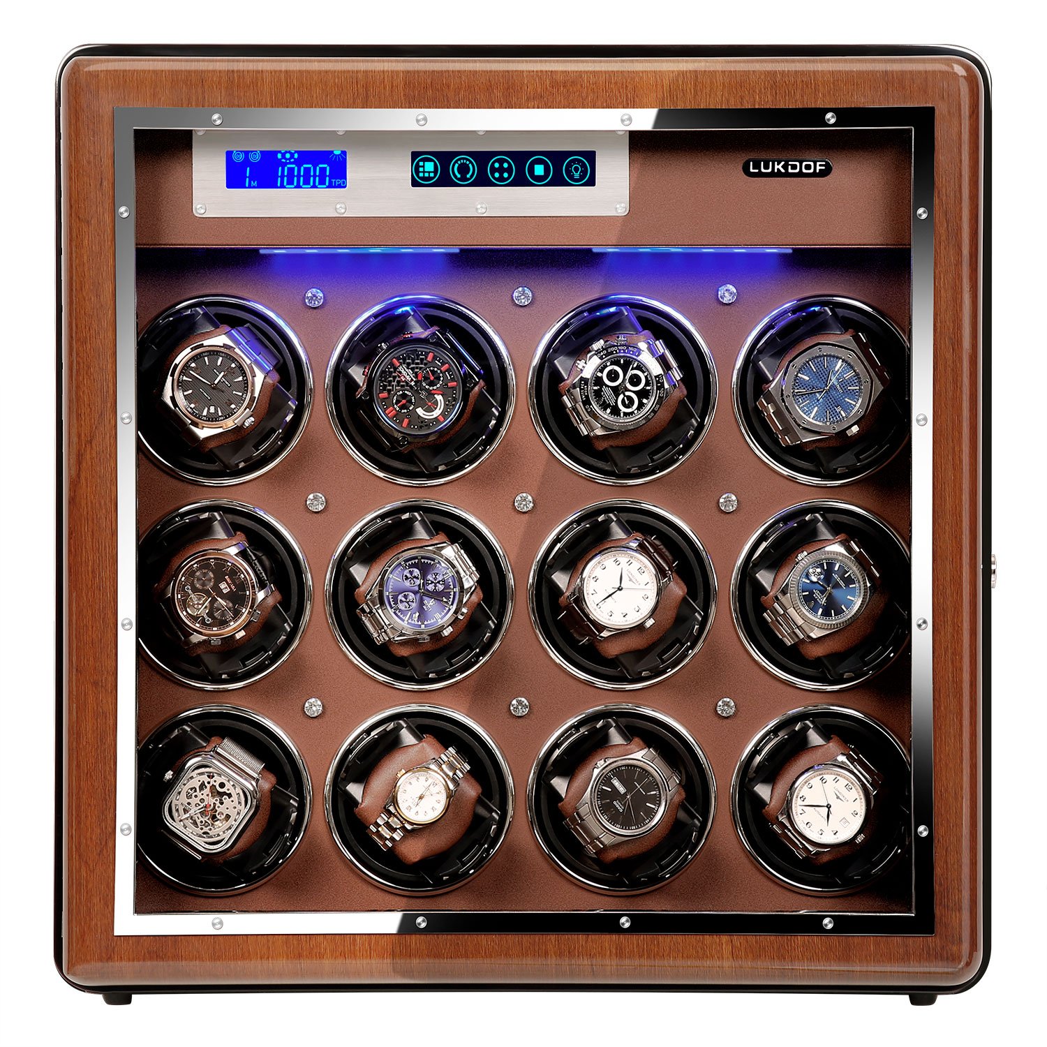 LUKDOF Automatic Walnut Wood Watch Winder for 12 Watches Winding with 6 Free Storages - Image 2