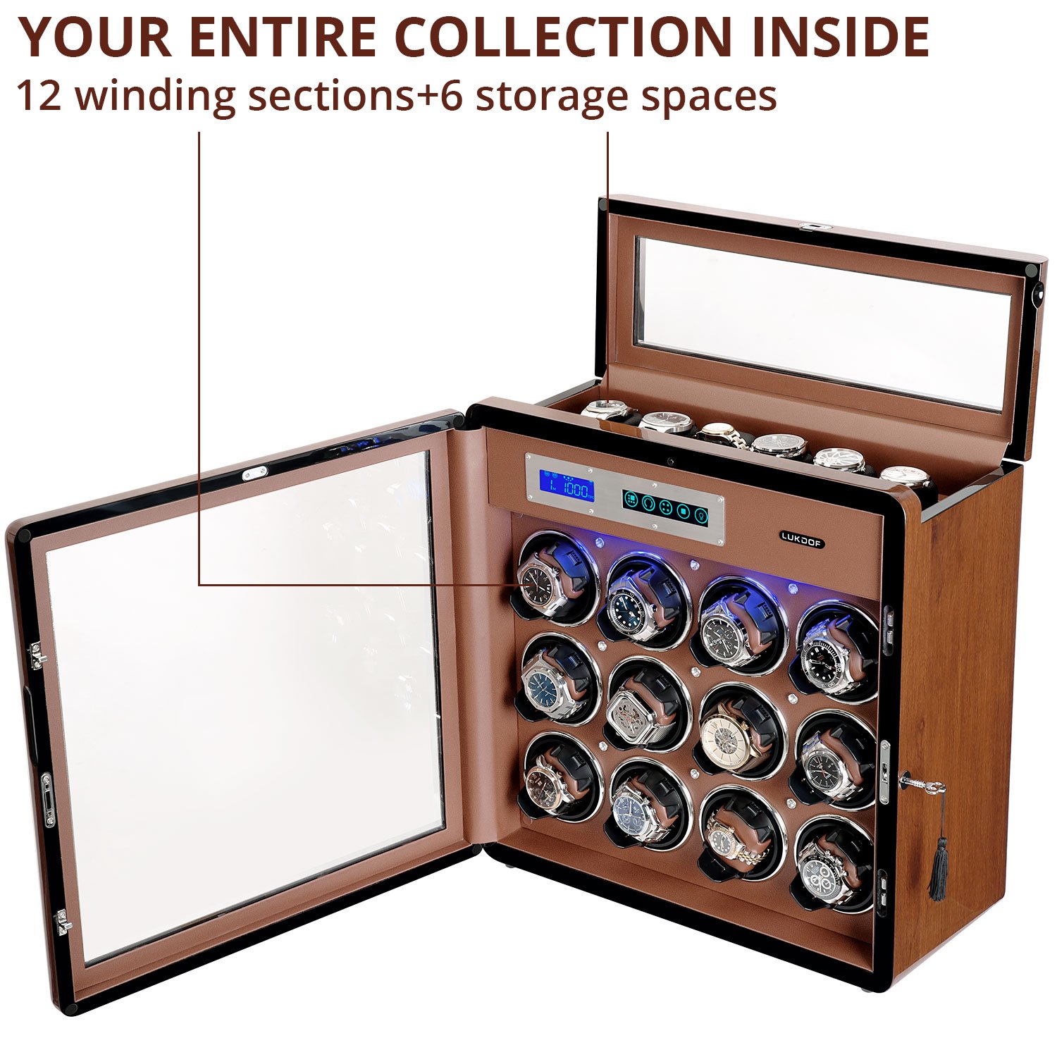 LUKDOF Automatic Walnut Wood Watch Winder for 12 Watches Winding with 6 Free Storages - Image 5