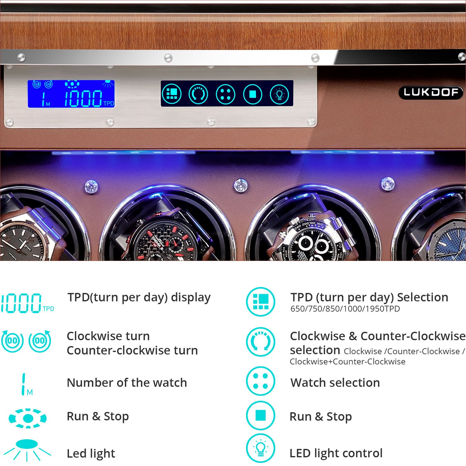 LUKDOF Automatic Walnut Wood Watch Winder for 12 Watches Winding with 6 Free Storages - Image 7