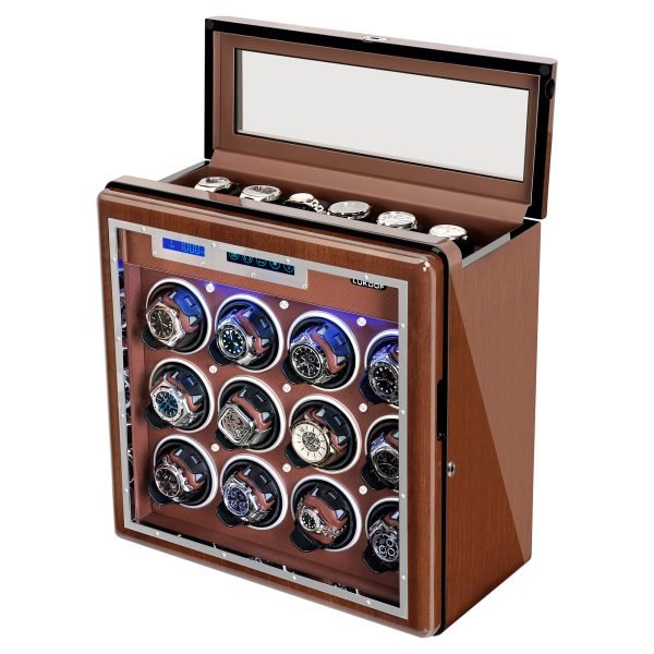 Automatic Walnut Wood Watch Winder for 12 Watches Winding with 6 Storage Spaces