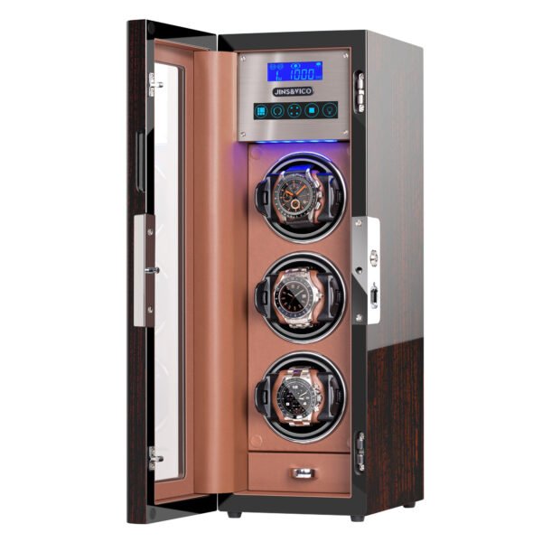Vertical Automatic Watch Winder Box with Key and Fingerprint Unlock, Glossy Exterior, Built-in Drawer and Illumination, Flexible Watch Pillows, Suitable for Men and Women