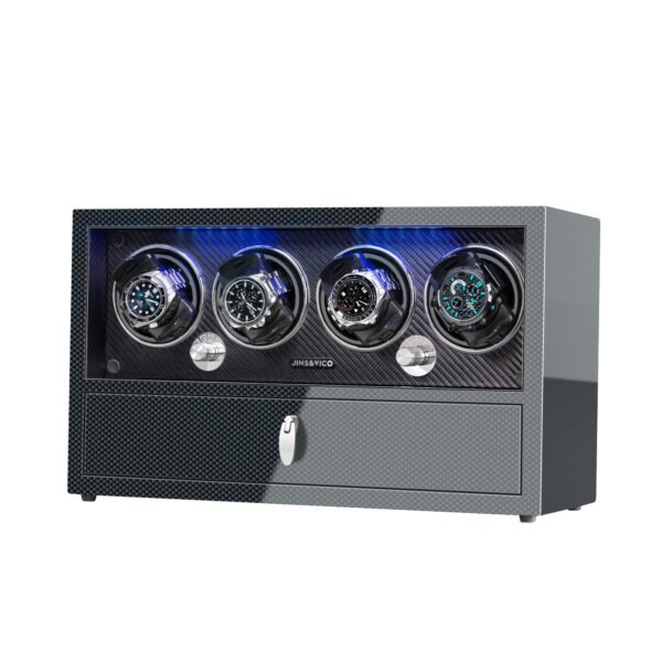 Automatic Watch Winder with LCD Touchscreen Control and Piano-Finish Carbon Fiber Exterior