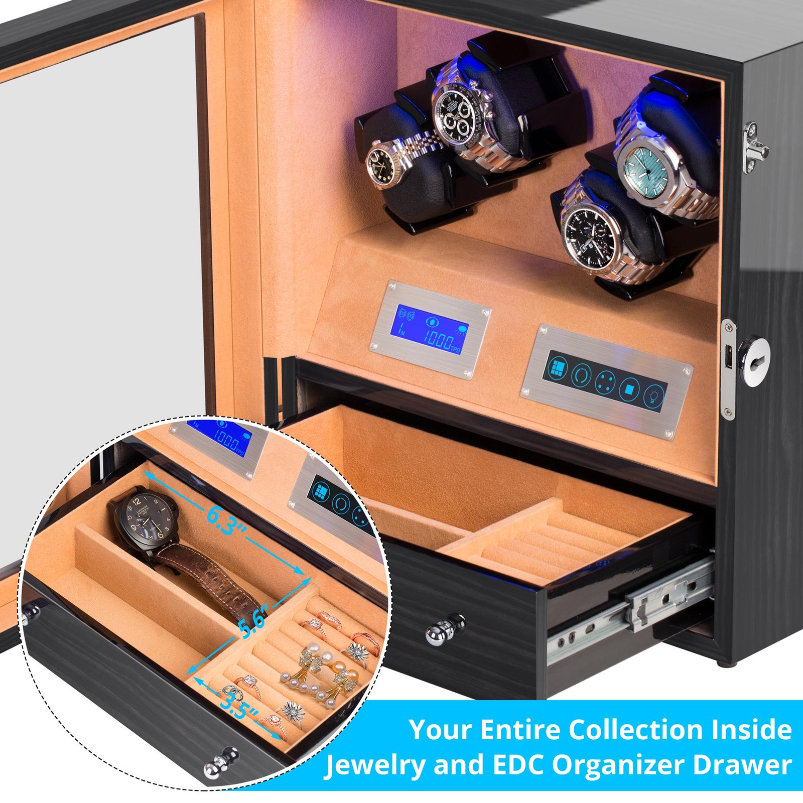 TRIPLE TREE Automatic Watch Winder 4, Blue Illumination and Super Quiet Japanese Motors, Blackwood - Image 3