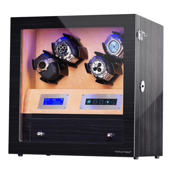 4-Slot Automatic Watch Winder, Blue Illumination, Super-Quiet Japanese Motors, Blackwood Finish