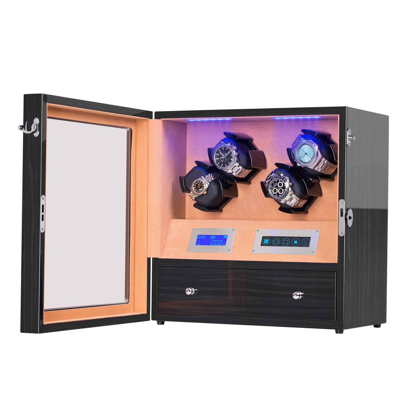 TRIPLE TREE Automatic Watch Winder 4, Blue Illumination and Super Quiet Japanese Motors, Blackwood - Image 2