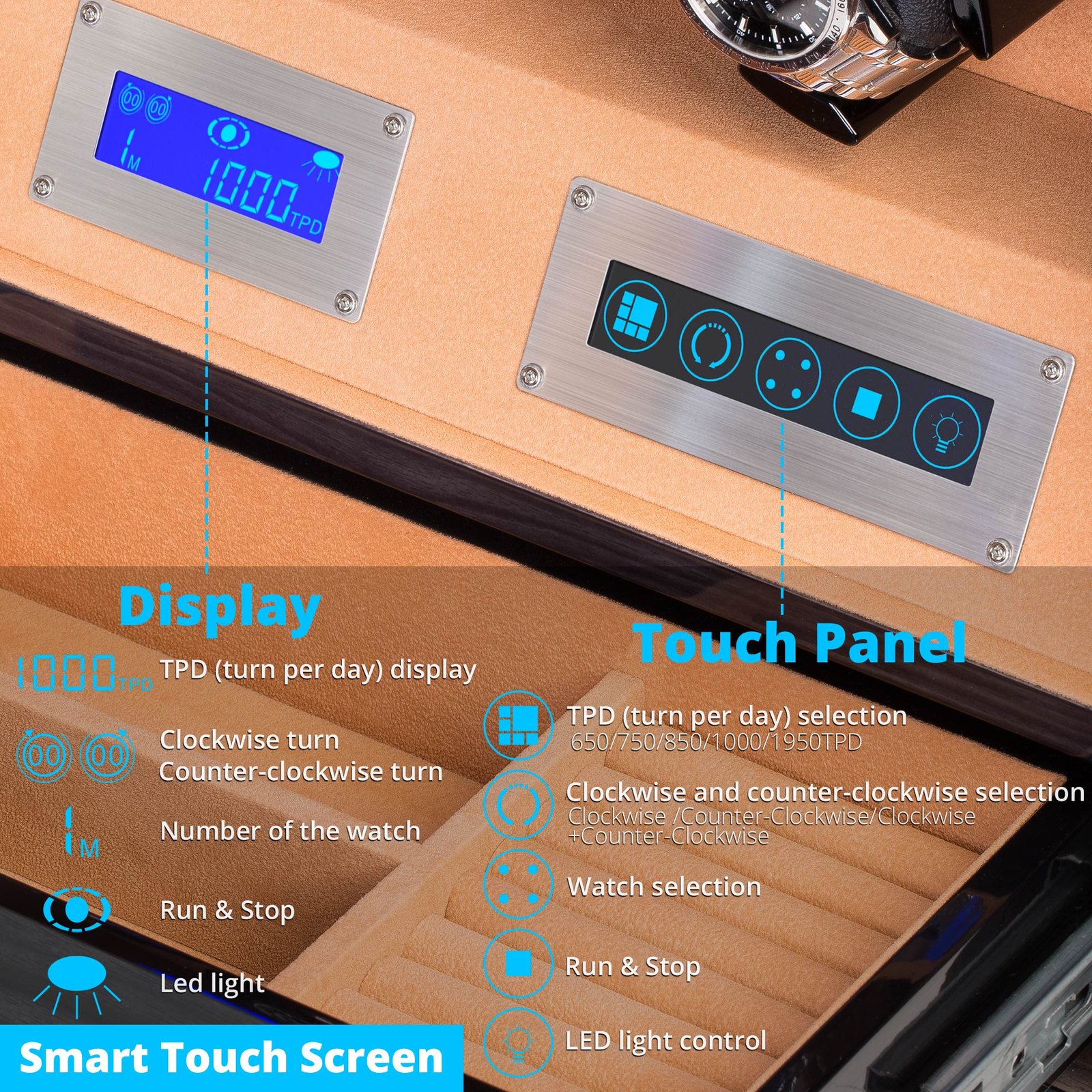 TRIPLE TREE Automatic Watch Winder 4, Blue Illumination and Super Quiet Japanese Motors, Blackwood - Image 5