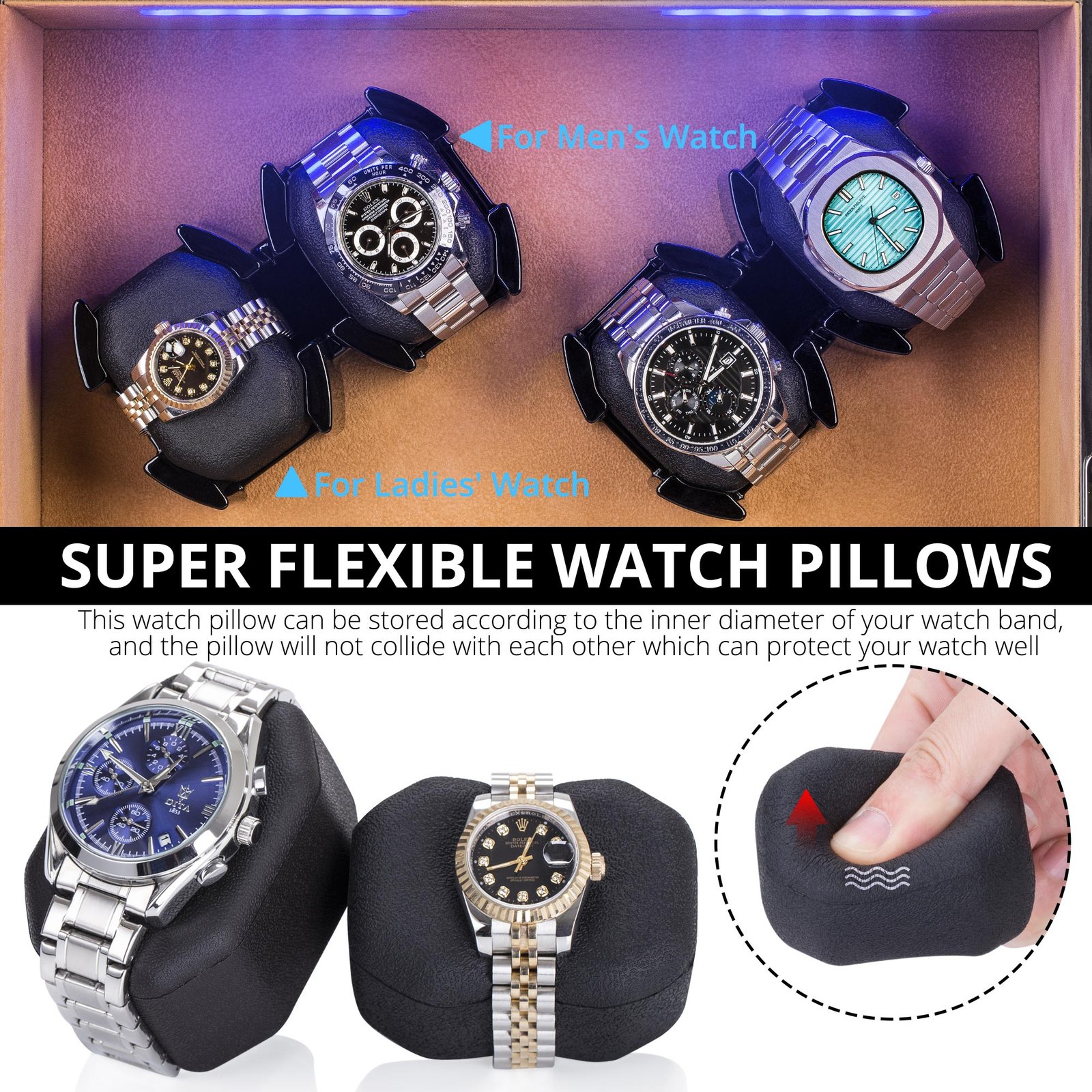 TRIPLE TREE Automatic Watch Winder 4, Blue Illumination and Super Quiet Japanese Motors, Blackwood - Image 4