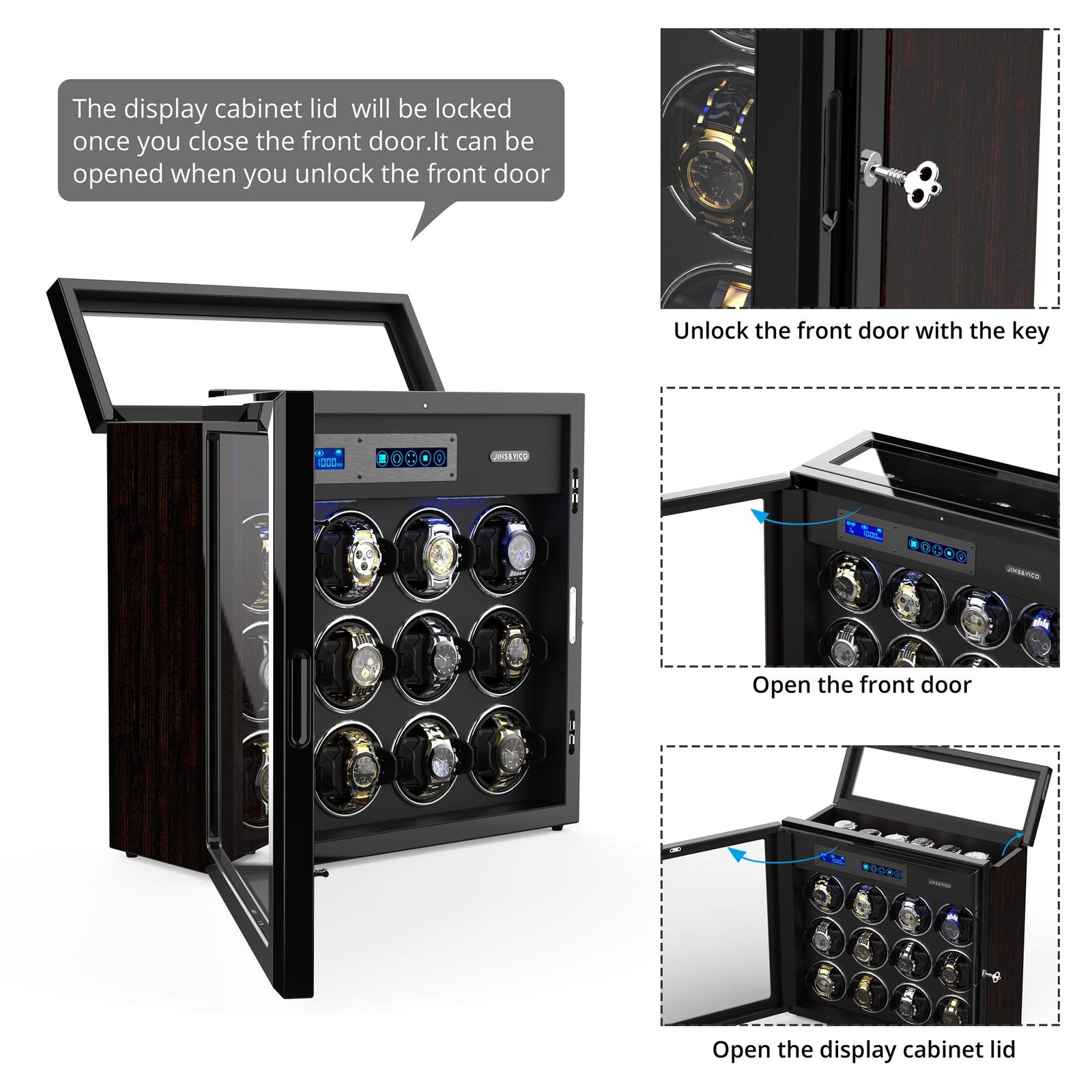 JINS&VICO 12 Watch Winder for Automatic Watches with 6 Storage Spaces,Watch Winder Box in Wooden Shell, Ultra-Silence Motor - Image 4