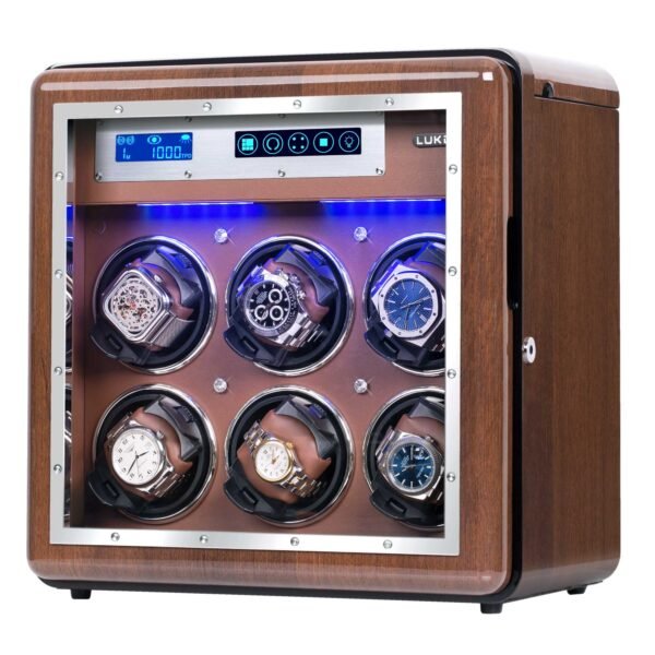 Walnut Watch Winder for 6 Automatic Watches with Ultra-Quiet Japanese Motors