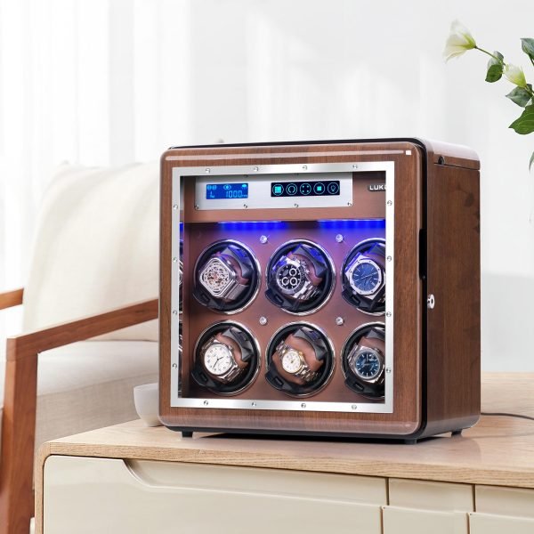 LUKDOF Walnut Watch Winder for 6 Automatic Watch with Ultra-Quiet Japanese Motors