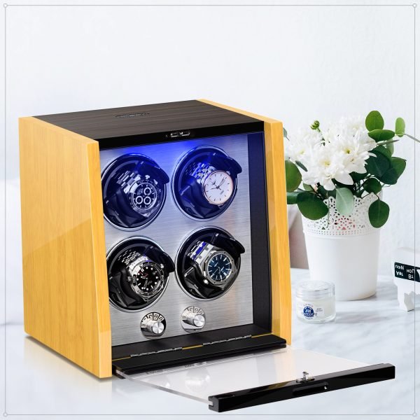 Luxury 4 Watch Positions Automatic Watch Winder, High Gloss Bamboo Pattern Finish Watch Shaker, Internal LED Illumination, Retractable Watch Cushions, 4 Working Modes, AC Adapter Included
