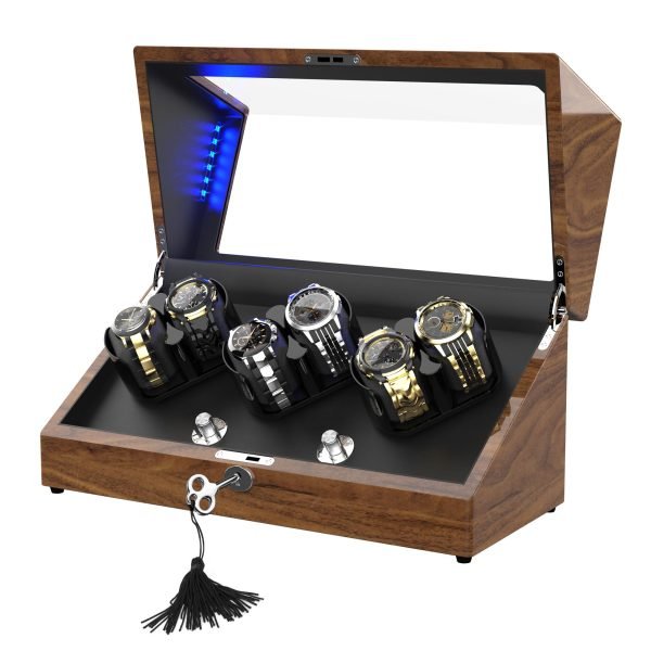 6-Watch Automatic Winder Box, Wood Grain Finish, Blue LED Lighting, Flexible Pillows, Lockable