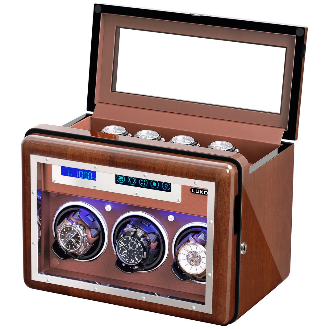 Four slot watch winder for collectors comparing TPD settings across multiple automatic watches