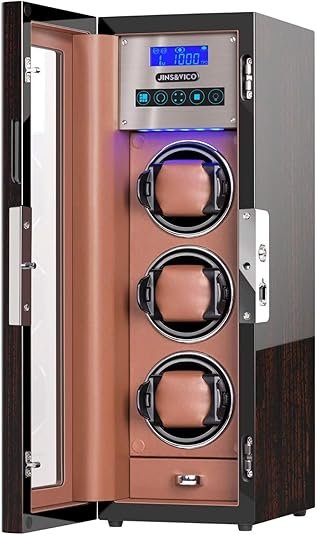 Vertical Automatic Watch Winder Box with Key and Fingerprint Unlock, Glossy Exterior, Built-in Drawer and Illumination, Flexible Watch Pillows, Suitable for Men and Women