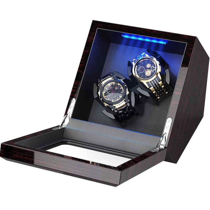 High-End Automatic Watch Winder with Quiet Motor, Blue LED Light, Adjustable Rotation Modes, Flexible Pillow & Dual Power Supply - Image 2