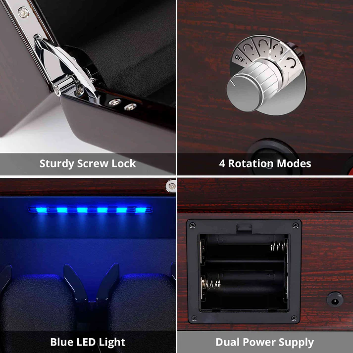 High-End Automatic Watch Winder with Quiet Motor, Blue LED Light, Adjustable Rotation Modes, Flexible Pillow & Dual Power Supply - Image 4