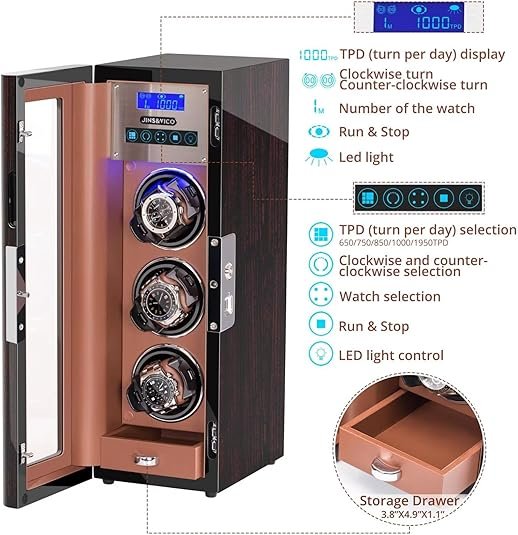 Vertical Automatic Watch Winder Box with Key and Fingerprint Unlock, Glossy Exterior, Built-in Drawer and Illumination, Flexible Watch Pillows, Suitable for Men and Women - Image 6