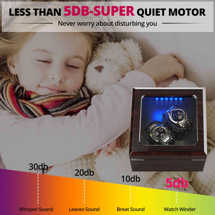 High-End Automatic Watch Winder with Quiet Motor, Blue LED Light, Adjustable Rotation Modes, Flexible Pillow & Dual Power Supply - Image 7